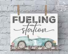 Load image into Gallery viewer, Fast One Birthday Fueling Station Sign with Blue Race Car