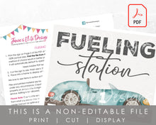 Load image into Gallery viewer, Printable Fueling Station Sign with Blue Race Car